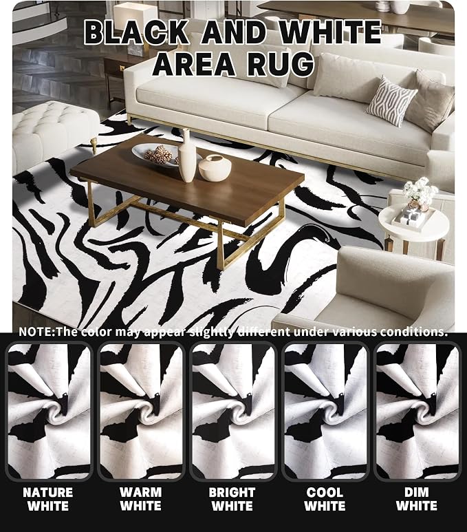 Modern Area Rugs for Bedroom,5x7 Washable Black and White Rug, Thin Abstract Geometric Minimalist Striped Rug, Black Rugs for Bedroom,Kitchen,Dining Room Office