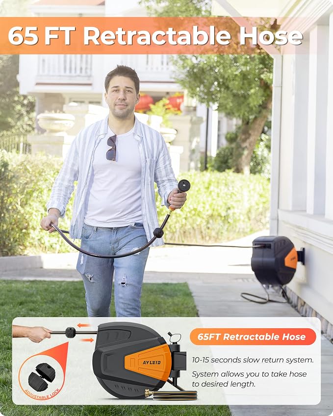 Ayleid Retractable Rubber Hybrid Garden Hose Reel, 1/2"x65ft Wall Mount | Anti-freeze, kink-free premium rubber hybrid hose, 24-month warranty, 9-pattern sprayer, any-length lock, slow auto-return.