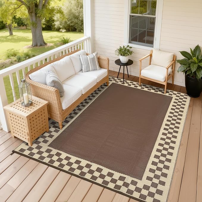 Waterproof Plastic Straw Outdoor Rug 9x18 Patio Reversible UV Resistant Foldable Camping Carpet Modern Geometric Border Large Outdoor Rugs for Deck, Porch, Camper, Balcony, Beach，Brown