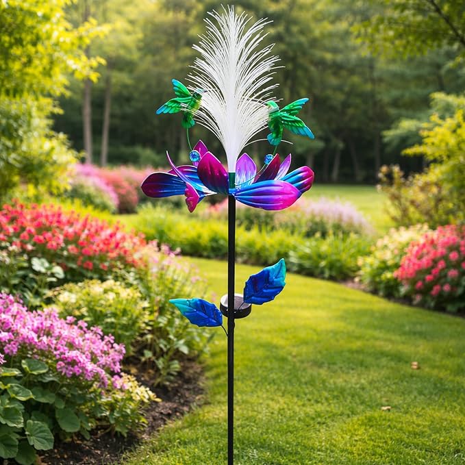 Solar Hummingbird Wind Spinner Outdoor 49 Inch Lotus Flower Metal Garden Windmill for Yard and Color Changing Fiber Optic Solar Yard Art Kinetic Wind Spinner Gift for Women Mother's Day Garden Gift