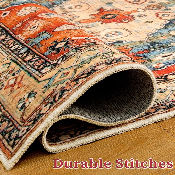 SERISSA 5x8 Washable Non Slip Boho Area Rug for Living Room | Ultra Soft Vintage Oriental Carpet Low-Pile Distressed Tribal Floor Carpet for Bedroom Dining Room Dorm Office Home Decor
