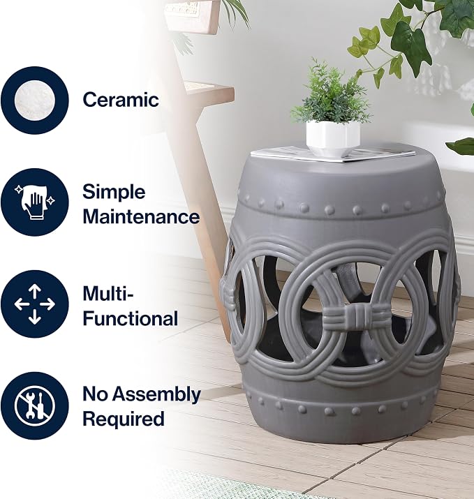 JONATHAN Y Lucky Coins 16" Ceramic Garden Stool, Contemporary Matte Gray Cutout Interlocking Rings Drum Indoor/Outdoor Side Table and Plant Stand for Patio, Garden, Living Room TBL1022F