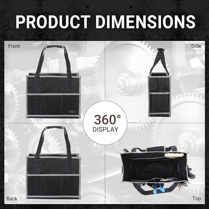 Waxed Canvas Tool Pouch,1 Large Capacity Pocket & 14 Pockets Garden Tool Storage Bag, 14.5 X 6.5 X 11 inch Muti-Purpose Tool Bag with Padded Handle | Black