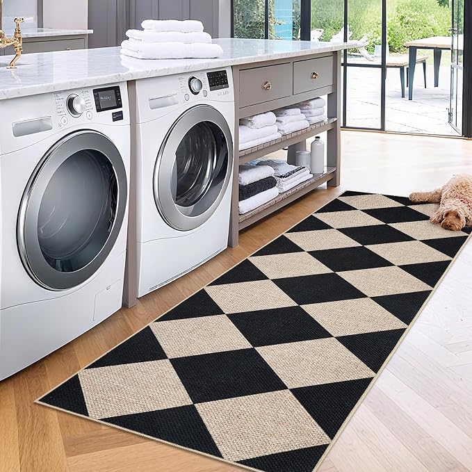 GarveeHome Easy Jute Rugs 2x8 Checkered Kitchen Runner Rugs Black | Non Skid Washable Stain Resistant Indoor Outdoor Rugs for Living Room, Bedroom, Dining, Patio - Farmhouse Style