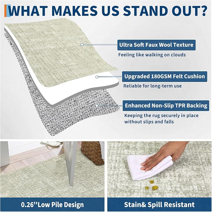 Garvee Solid Runner Rug 2x6 Washable Runners for Hallways Sage Green | Non Slip Kitchen Rugs, Modern Faux Wool Entryway Bathroom Rug Runners, Modern Abstract Rugs for Laundry Room Kitchen Bedroom
