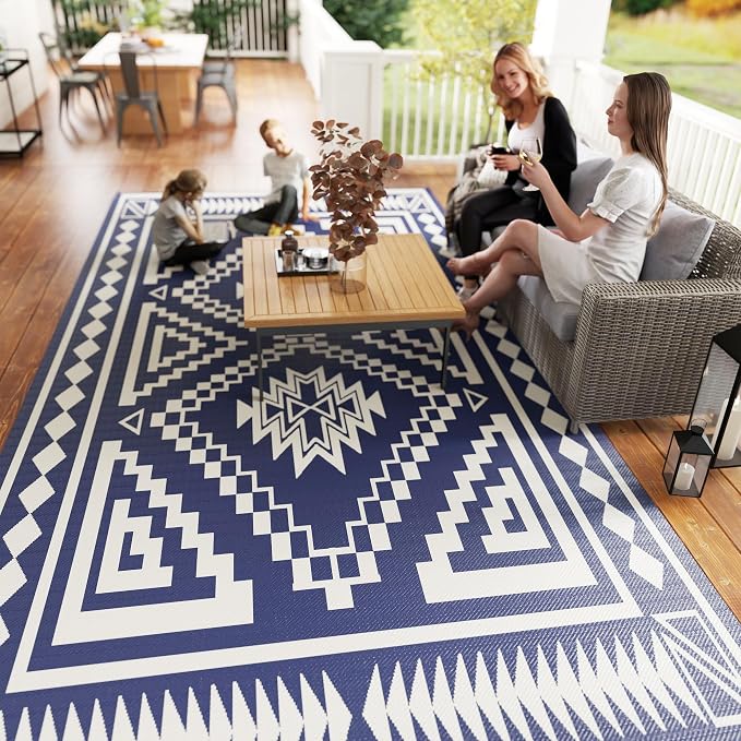 Outsunny Outdoor Rug for Patio, 9' x 18' Waterproof Large Mat, Reversible Plastic Straw Rug for Decor, Portable Outside RV Camping Area Carpet Mat for Backyard Porch Deck Picnic, Blue & White Square