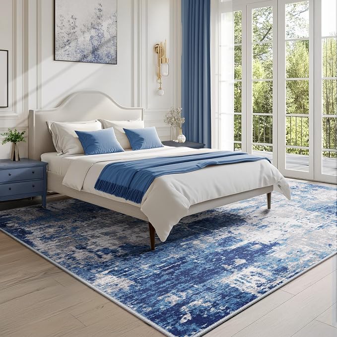 RELEANY Washable 7'x9' Abstract Area Rug for Living Room Blue Gray | Carpet for Bedroom, Kitchen, Office, Hallway and Entryway, Printed Pattern, Non‑Slip, Soft, Stain‑Resistant, Easy to Clean