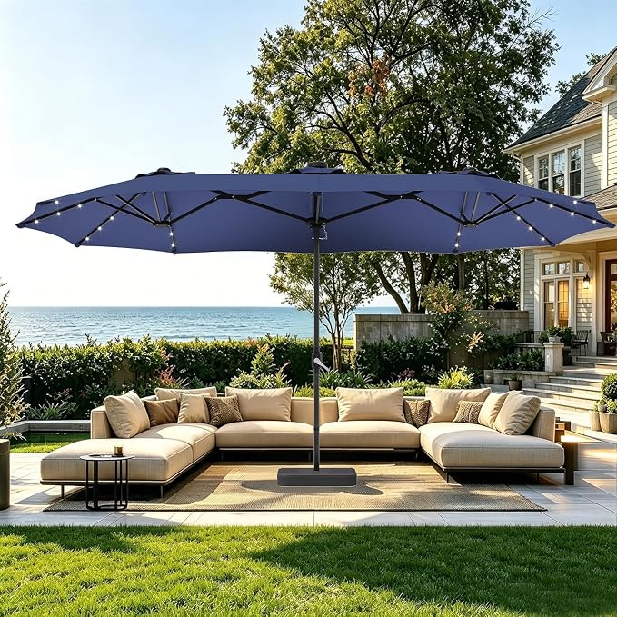DomeShade 15 Ft Patio Umbrella with Solar Lights,Base Included,Sun Shades Outdoor Patio Parasol,Large Table Outdoor Umbrella,36 LED Lights,Awnings for Outside,Backyard Umbrella,Navy Blue