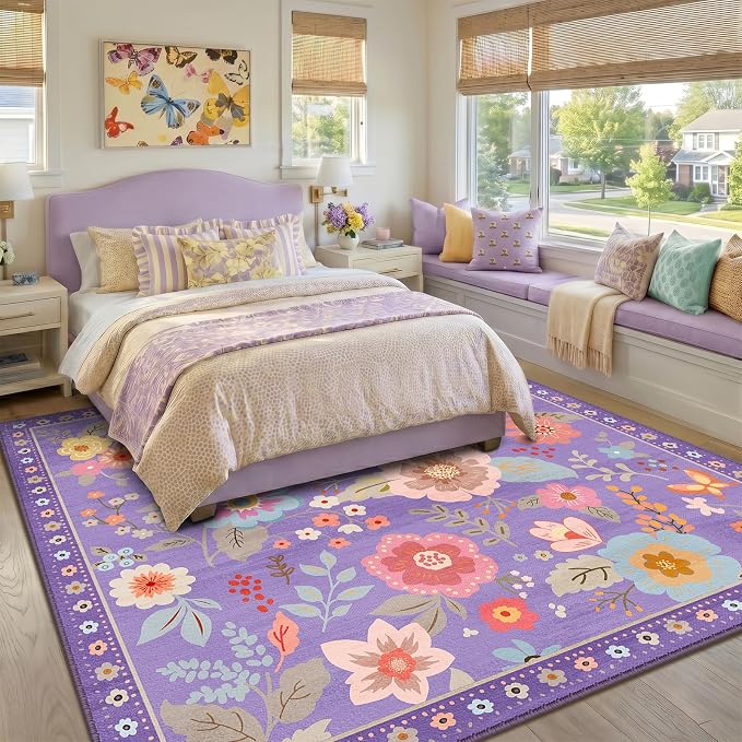 RELEANY Floral Washable Square 8ft Area Rug Purple/Pink | Flower Carpet, Print, Boho, Non-Slip, Easy to Clean, Soft, Low Pile for Living Room Bedroom Kitchen Office Entryway Hallway