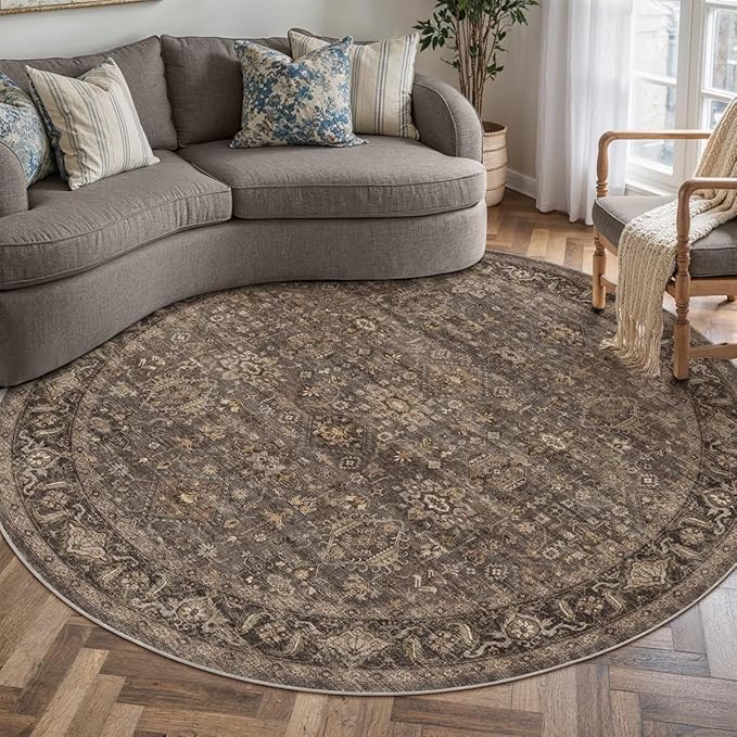5x5 Dark Brown Vintage Round Rug | Washable, Non Slip, Soft Low Pile, Traditional Farmhouse, for Dining Room Living Room Bedroom Entryway Indoor