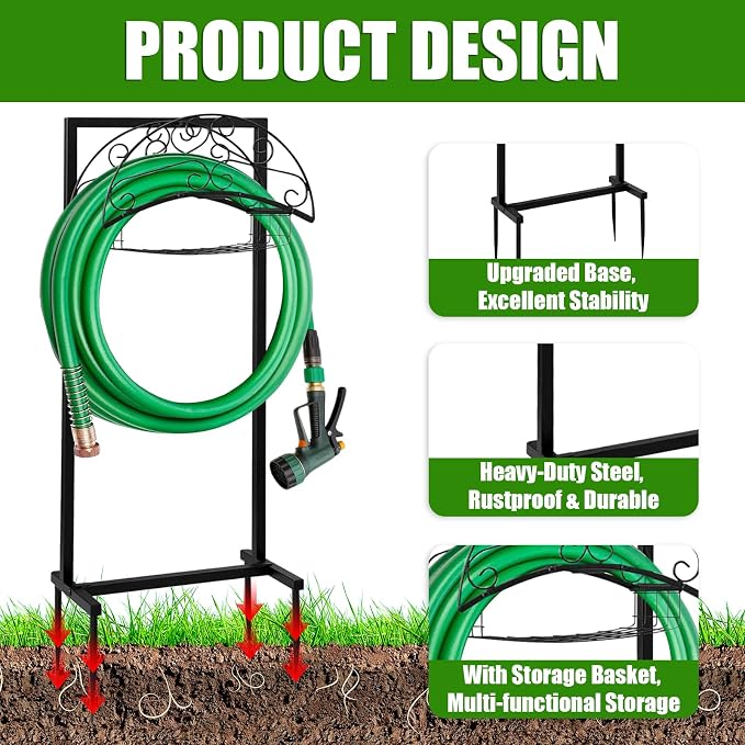 Heavy Duty Freestanding Garden Hose Reel with Storage Basket - Outdoor Hose Holder, Water Hose Storage Rack & Hanger for Yard, Lawn, Farm - Easy Roll for Outside