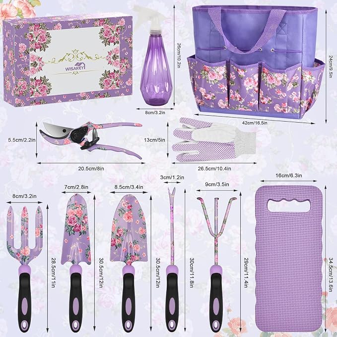 Gardening Tools, WisaKey 10 Piece Heavy Duty Purple Garden Tool Set Durable Garden Supplies Organizer Bag Garden Hand Tools Grandmother Granny for Woman Mothers