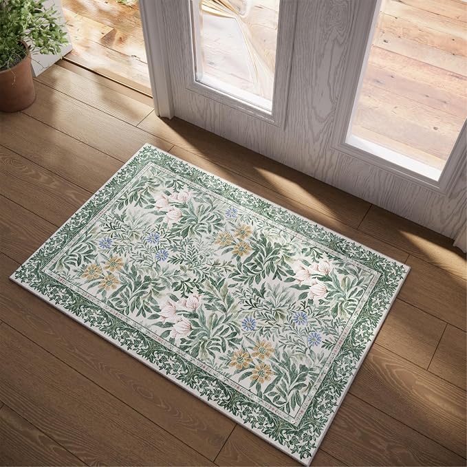 Botanical Floral Washable Entryway Area Rug 2x3 Light Green Cream Vintage Garden Design, Perfect for Soft Door Mat Indoor Entrance, Ultra-Thin Easy Clean Small Throw Carpet for Bedroom Bathroom