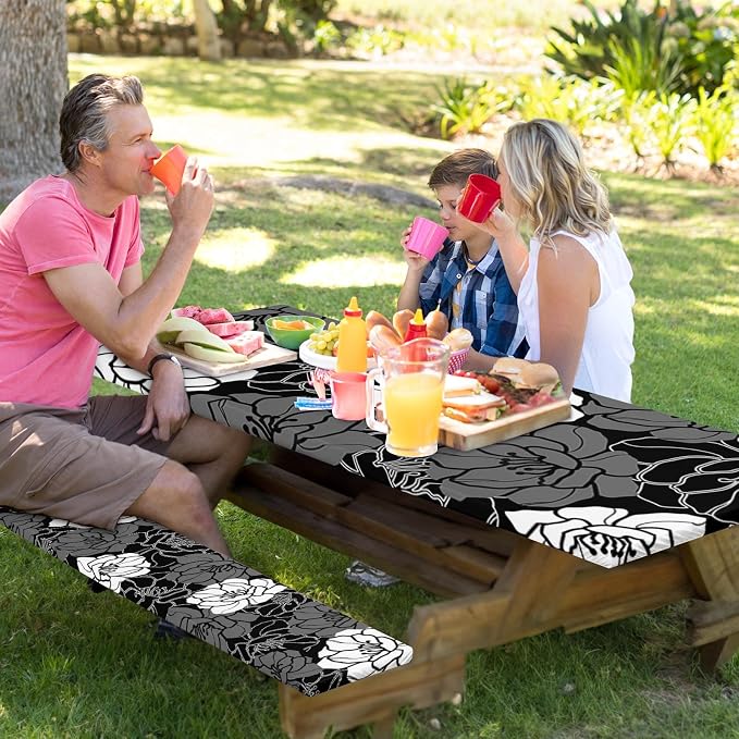 3 Piece Fitted Picnic Table Cover with Bench Covers, 72"x30" Full Elastic Edge Camping Tablecloth, Waterproof Wipeable RV Outdoor Patio Park Camping Essentials with Drawstring Bag (Flower