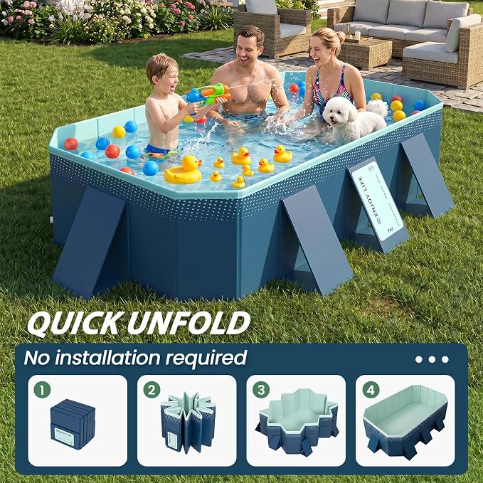 113" Non-Inflatable Foldable Pool, Extra Large Collapsible Swimming Pool with Rigid Hard Composite Board, Thickened Portable Pool for Outdoor, Backyard, Family, Camping(Geranium Blue, 3M)