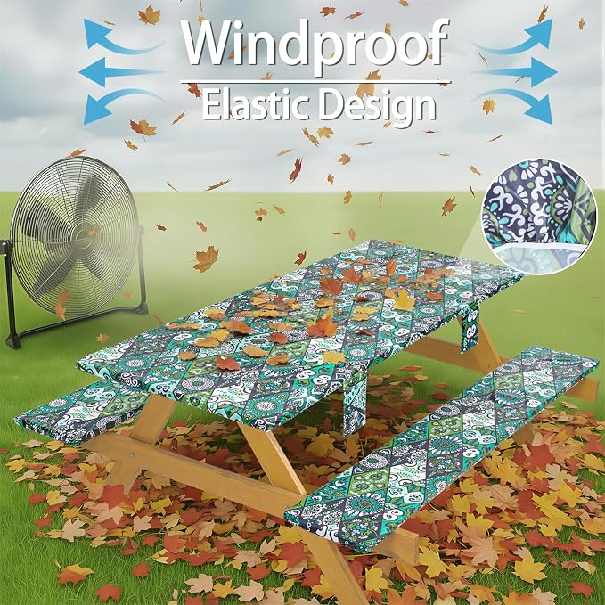 Fitted Waterproof Picnic Table Cover with Bench Covers Elastic 72×30In 3 Piece Camping Table Cloth for 6Ft Rectangle Tables Outdoor Camper Gifts Supplies Patio Rv Traveling Hiking Must Haves