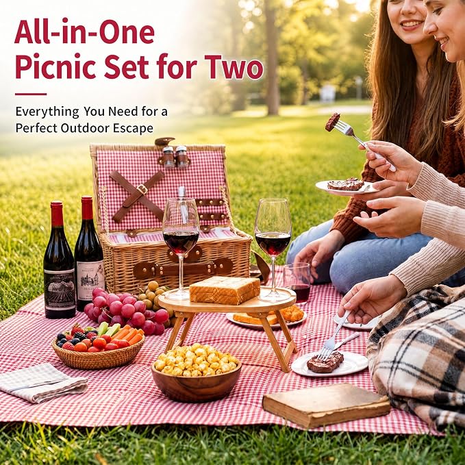 Wicker Picnic Basket Set for 2 with Foldable Table, Blanket, Insulated Liner, Large Handmade Willow Hamper Basket Sets with Cutlery Kit for Outdoor Camping Couples Wedding Bridal Shower Gift