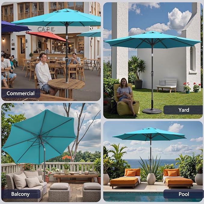 Outdoor Patio Umbrella with One Push Button Tilt and Crank, 8 Sturdy Ribs Market Table Umbrella