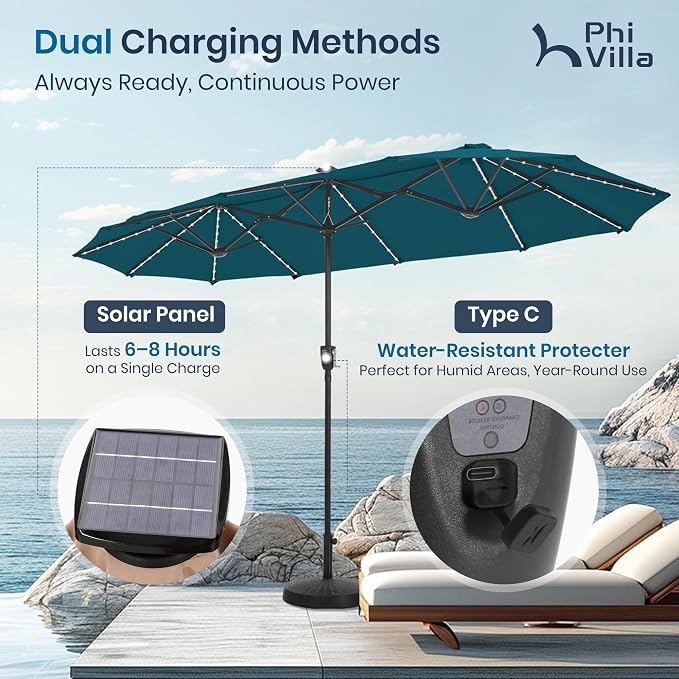 PHI VILLA 13ft Patio Umbrella with Solar-Powered 120 PCS LED Color-Changing Lights, Triple-Head Large Rectangle Umbrella Outdoor Patio for Table with Crank Lift,Cyan(No Base)