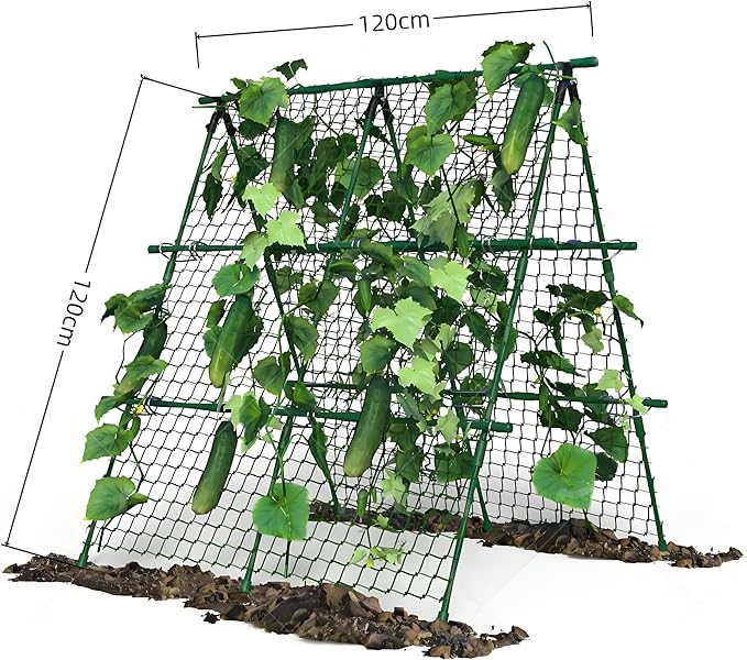 Garvee Outdoor Plant Support Trellis, 4 ft x 4 ft Metal A-Frame with Netting for Tomatoes Cucumbers Peas Beans Grapes, Climbing Vegetable Garden Trellis for Raised Beds, Green