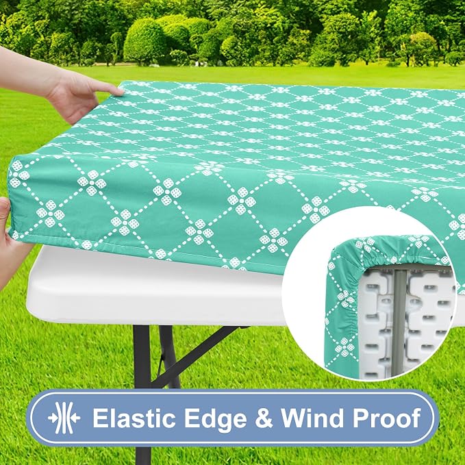misaya Rectangle Vinyl Table Cloth, Elastic Fitted Tablecloth with Flannel Backing, Waterproof Plastic Table Cover Fits 8 Foot Folding Tables for Picnic, Camping, Indoor and Outdoor (Aqua, 30" x 96")