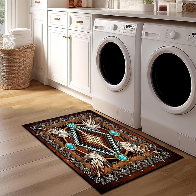 Southwestern Entryway Rug 2x3 Washable Kitchen Rug Ulta-Thin Non-Slip Low Pile Indoor Entrance Door Mat,Aztec Tribal Native American,Western Throw Rugs Vintage Small Accent Rugs for Bathroom,Bedroom