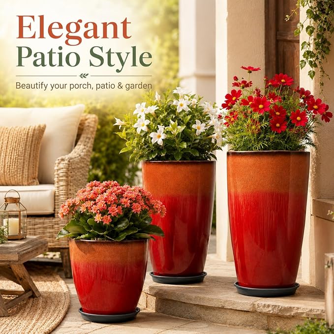 Neoaider Set of 3 Tall Planter, 24/21/12in Large Plastic Planter, Firey Red | Ceramic-Look, Lightweight, Built-in Drain Hole, Saucers, Tall Outdoor Planter for Porch, Garden, Patio, Balcony