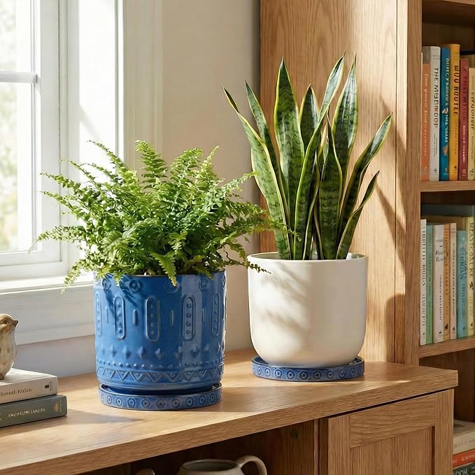 Eightpot Plant Water Catcher Tray 7.5 Inch, 2 Pack Ceramic Plant Saucer for Indoor Outdoor, Round Plant Plates to Catch Water, Modern Plants Drainage Tray, Decorative Plants Dish, Blue