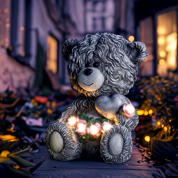YDKOJGW Solar Garden Outdoor Statues Bear with Heart and Pink Flower and 5 LED Lights-Lawn Decor Bear Statue for Patio, Balcony, Yard Ornament-Unique Housewarming Gifts for Mom, Women