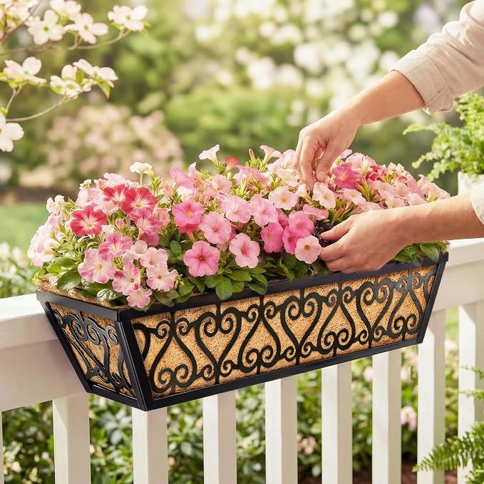 2 Pack 24 Inch Deck Railing Planter Box - Window Boxes Planters with Adjustable Brackets Coco Liners Balcony Planters Railing Hanging for Window Flower Boxes Outdoor Garden Decor