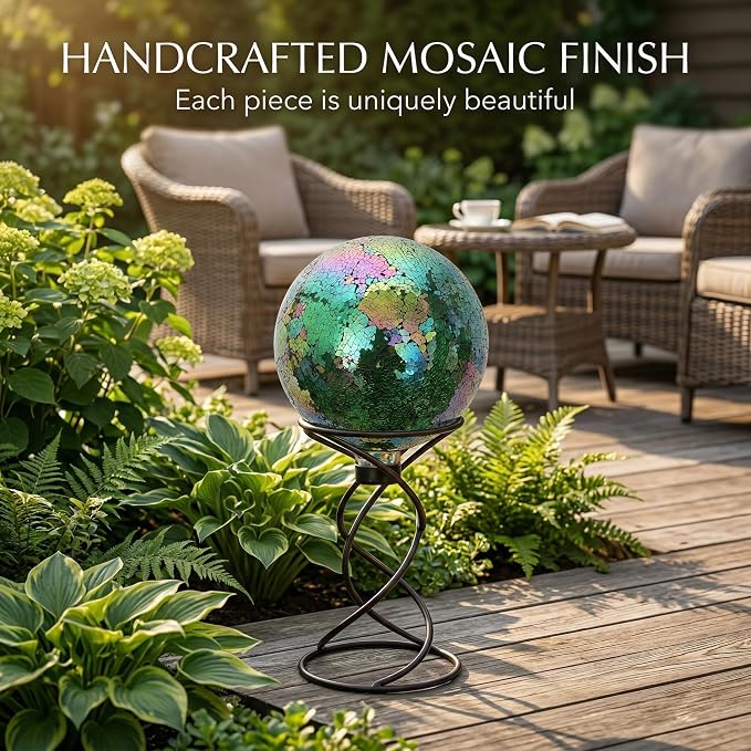 10" Mosaic Glass Gazing Ball for Garden Decor, Gazing Globe | Iridescent Glass Mosaic Gazing Globe, Outdoor Garden Orb for Yard, Patio, Lawn & Flower Bed Decor