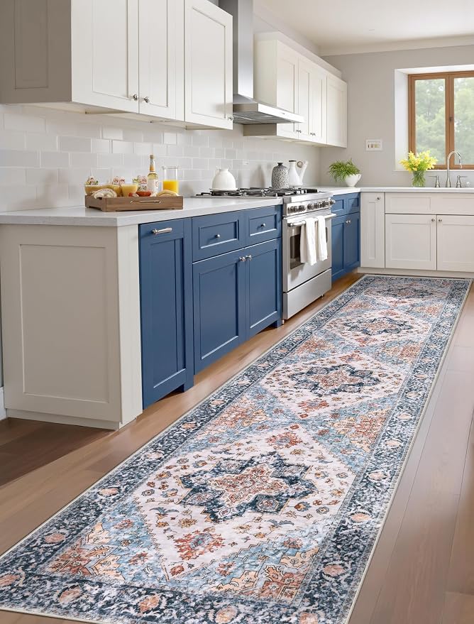 SERISSA 2'6"x12' Washable Non Slip Boho Runner Rug for Hallway，Blue Orange | Ultra Soft Vintage Oriental Carpet Low-Pile Tribal Floor Carpet for Kitchen Bedroom Entryway Bathroom Laundry Room