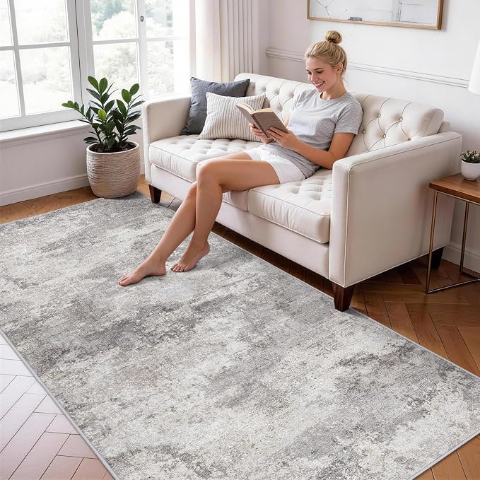 4x10 Washable Modern Abstract Rug:Hallway Wide Runner Rug Grey | Non-Slip Thin Rug for Kitchen, Living Room, Bedroom - Easy Clean Carpet for Long Spaces - Soft Low Pile Floor Mat 4x10