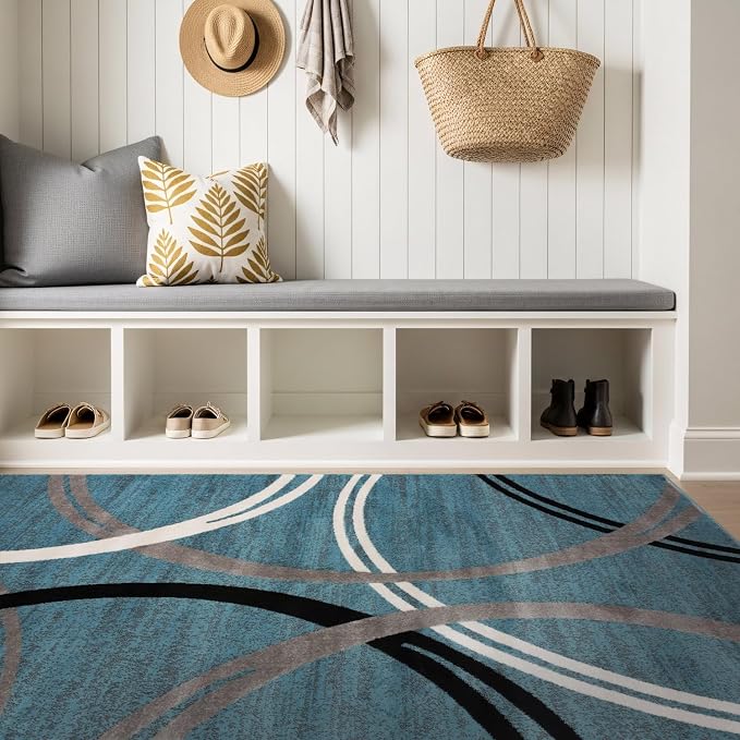 Rugshop Wavy Circles Modern Fade-Resistant Area Rug Blue 6'6" x 9' | Rectangular, Size 6'6" x 9', Living Room, Bedroom, Dining Room, Home Office, Kitchen, Entryway, Hallway, Nursery, Kids Room