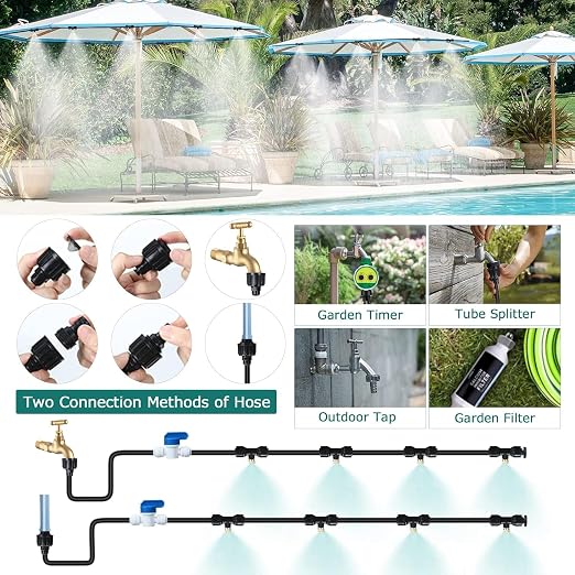 GOTGELIF Misting System for Patio, 50FT Misting Line 12 Brass Misting Nozzles + 3/4" Faucet Adapters+ 2 Shut-Off Valves, Leak-Proof DIY Water Mister Kit for Patio, Garden, Gazebo, Greenhouse