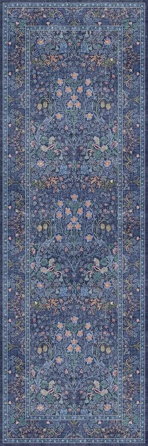 Non Slip 2x6 Dark Blue Kitchen Runner Rug - Long Runner Rugs 24 x 72 Washable Hallway Floor Mat, Bedroom Laundry Room Bathroom Runner - Dusky Navy Vintage Floral Design Décor
