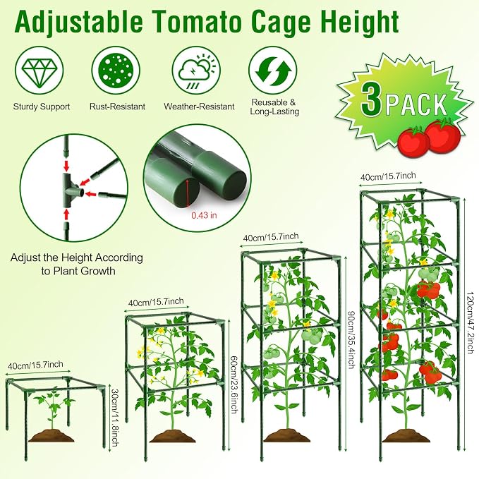 Fabulas Tomato Cage, Square Tomato Trellis Plant Support Stake Cages for Garden and Pots Tall Up to 63 Inch Adjustable Cucumber Trellis for Raised Bed Outdoor Climbing Plants Vegetables Flower, 3 Pack