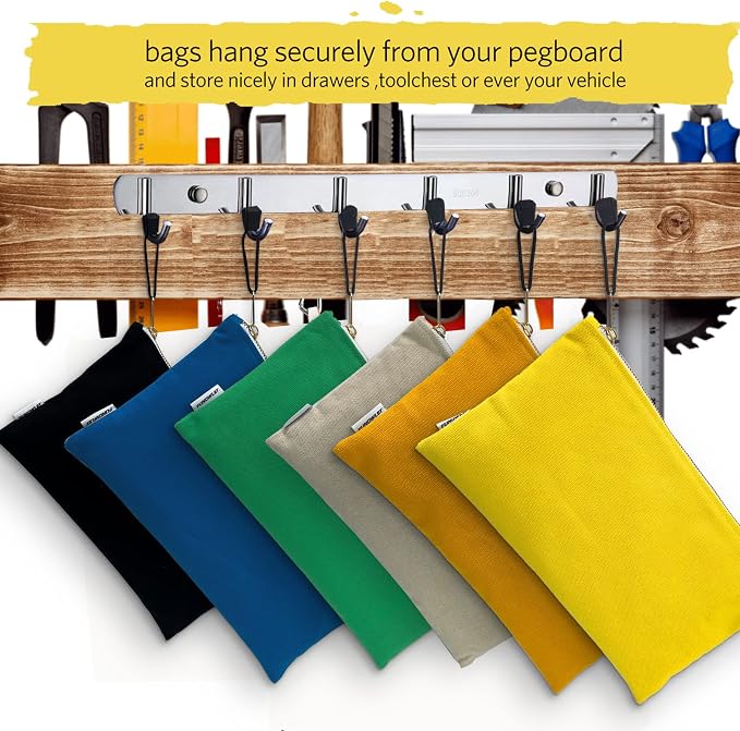 Canvas Tool Bag Zipper Pouch, 6 Pack 12.5 x 7-Inch | Heavy Duty Tools Utility Pouches, Multipurpose, Storage Organizer Tote Bags, Olive/Orange/Blue/Yellow/White/Black