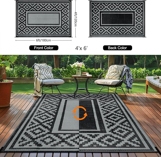 Outdoor Patio Plastic Straw Rug - 4x6 ft Outdoor Camping Rug Waterproof Reversible, Area Carpet Patios Clearance RV, Outside Porch Balcony Deck for Camper, Stripe Black Grey