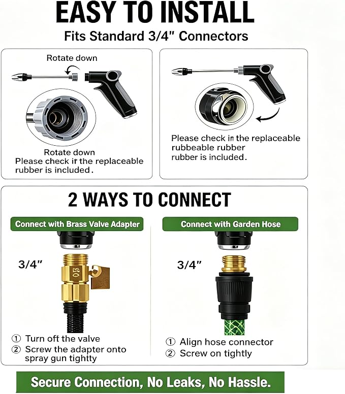 High Pressure Water Washer Jet, Garden Hose Nozzle with 360 ° Rotating Spray, Multi Function Garden Watering Sprayer, 3/4 Inch Connector with 4 Sealing Rings for Yard, Car and Pet Cleaning