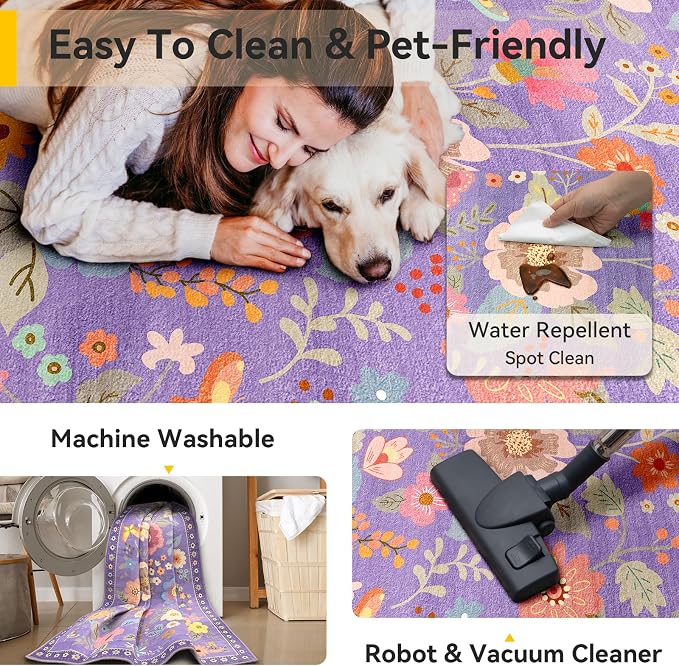 Floral Washable 2x4 Area Rugs Runner Entryway Hallway Purple/Pink | Flower Carpet, Print, Boho, Non-Slip, Easy to Clean, Low Pile, Soft, for Living Room Bedroom Kitchen Office Entrance