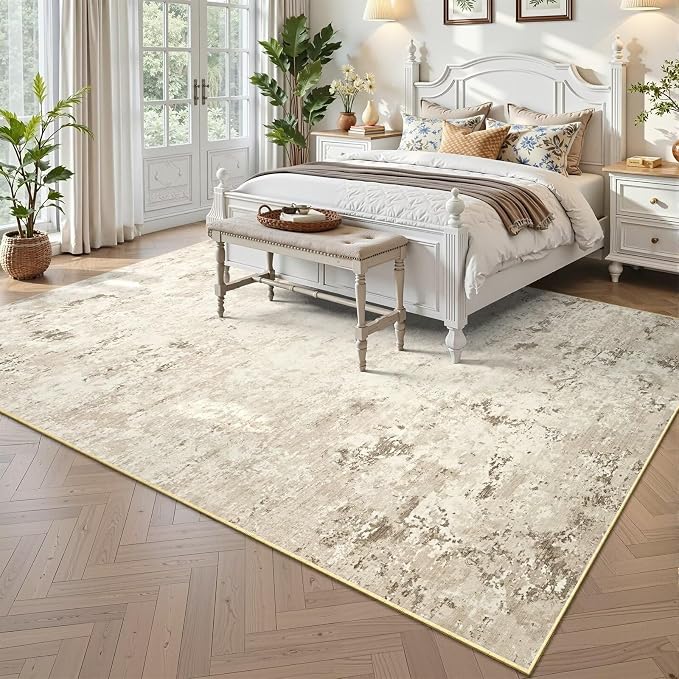 Toneed Washable 8x10 Beige Area Rug with Non-Slip Backing for Living Room | Abstract Modern Rugs, Soft Low Pile Carpet for Bedroom Kitchen Dining Room Nursery Indoor Floor Office Home Decor
