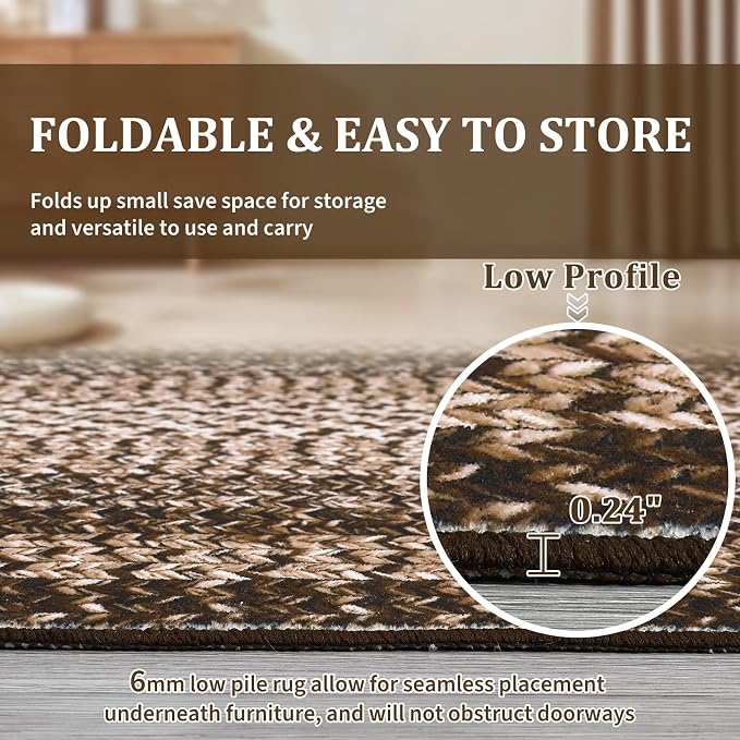 RUGSREAL Washable Rug 5x7 Modern Geometric Living Room Bedroom Rugs | Throw Floor Cover Braided Print Dining Room Rugs Non Slip Farmhouse Rustic Carpet for Nursery Kitchen Dining Room, Brown