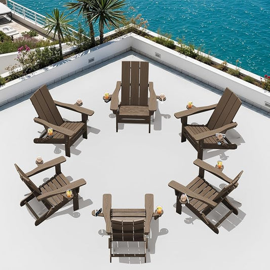 SERWALL Modern Adirondack Chair Set of 6, Folding Adirondack Chair with Cup Holders, Outdoor HDPE Fire Pit Chairs for All Weather Use, Brown