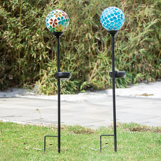 VCUTEKA Decorative Solar Garden Lights, 3.5" Mosaic Globe Stake 2 Pack | Mosaic Glass Design, Solar LED Light, Weather Resistant, Auto On/Off and Metal Stake Design for Lawn and Patio