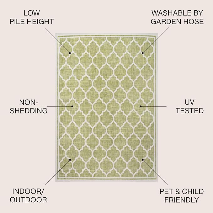 JONATHAN Y Moroccan Trellis Indoor Outdoor Square Area Rug 5X5 Green/Cream, Trebol Textured Weave for Backyard, Patio, Porch, Easy-Cleaning, High Traffic, Pet-Friendly, Non-Shedding (SMB109G-5SQ)