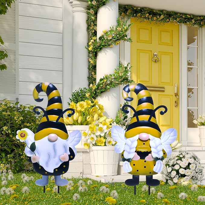 Cinnvoice 3 Pcs Bee Metal Gnomes Stakes 25.4'' Decorative Garden Stakes Spring Yard Gnome Decor with Honeycomb for Lawn Patio Yard Outside