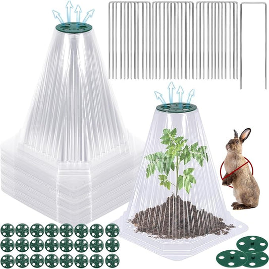 VICAMB 40 Pack Garden Cloches for Plants with 80PCS Ground Stakes,Clear Reusable Bell Covers with Rotatable Vent for Plant Protection,Garden Protector from Animals Birds Chicken,7.9" H X 6.7" D