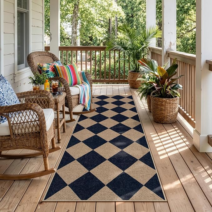 Lahome Colette Checkered Easy Jute Runner Rug, 2x6 Kitchen Mats for Floor Washable Entryway Runner, Checkerboard Black Indoor Outdoor Carpet for Hallway 6ft Entry Laundry