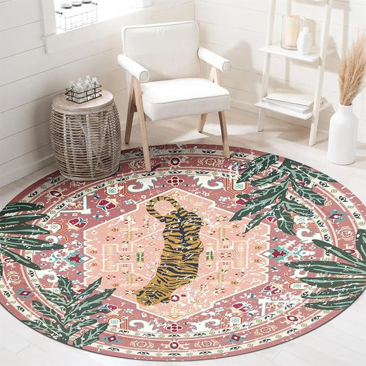 Washable Pink Rugs Thin Oriental Boho Vintage Cute Tropical Leopard 6ft Round Area Rugs for Bedroom Kitchen Dining Living Room Office Indoor Entryway Distressed Nursery Circle Carpet